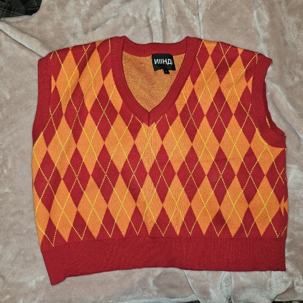Red and Orange Argyle Womens Cropped Sweater Vest